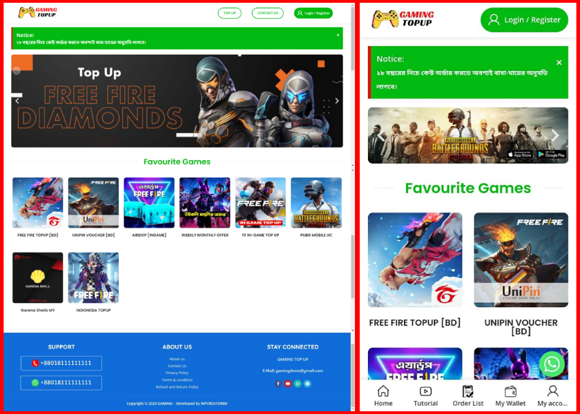 (Demo-2) FreeFire, PUBG, Games TopUp, Voucher, Gift Card Selling Website Code (Backup File)