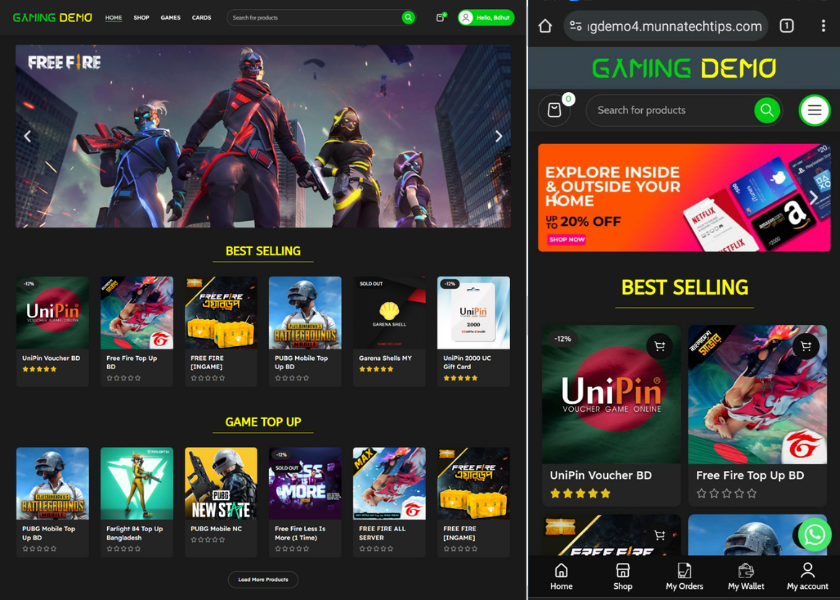 (Demo-4) FreeFire, PUBG, Games TopUp, Voucher, Gift Card Selling Website Code (Backup File)